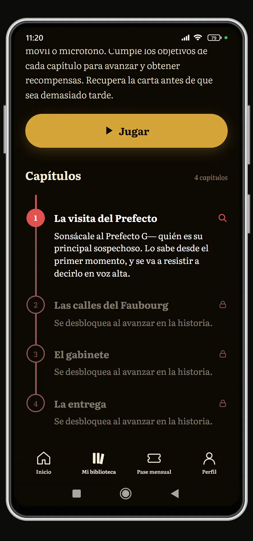 Ficha de La Carta Robada: el objetivo del capítulo 1, La visita del Prefecto, y los demás capítulos aún bloqueados