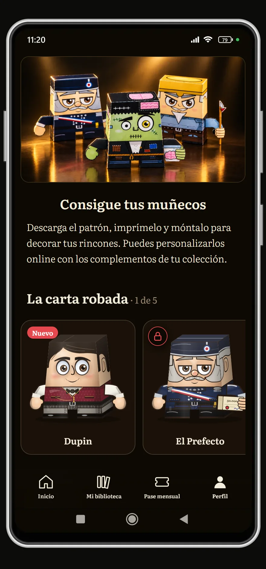 Perfil: los muñecos de papel desde la foto, y la fila de La carta robada, con los personajes aún bloqueados